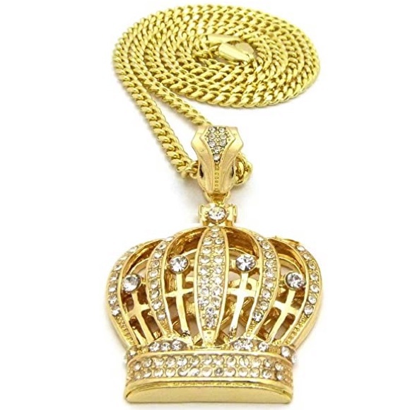 Other - 18k Gold Iced Out Cuban Chain w/ Crown Pendant CZ